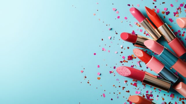 An array of lipsticks showcased against a playful confetti backdrop, representing vibrancy in personal style and the joy of cosmetics and self-expression.