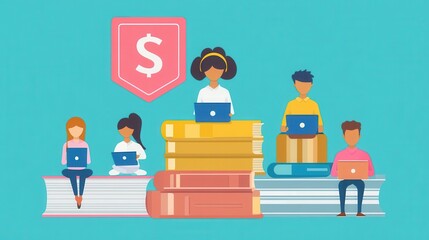 Students Learning with Laptops and Books Illustration