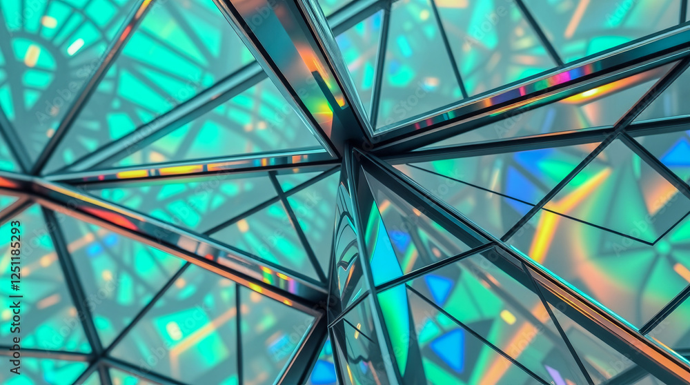 Poster a building with a lot of glass windows and a rainbow effect. the building is very tall and has a mod