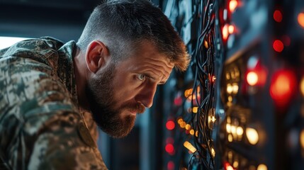 An intense image of a soldier focused on a control panel, portraying a moment of concentration and technological interaction in a military context.