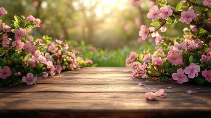 Elevate your product presentations with the rustic allure of an empty wooden tabletop, encapsulating Easter traditions. The concept of soft focus on blooming flowers enhances the festive ambiance.