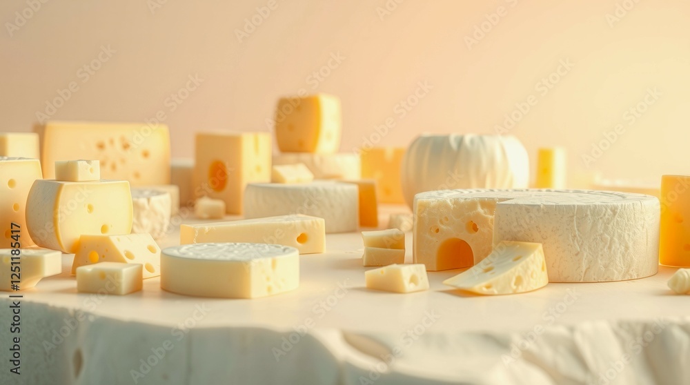 Poster a white table with a variety of cheeses on it. the cheeses are cut into different shapes and sizes, 