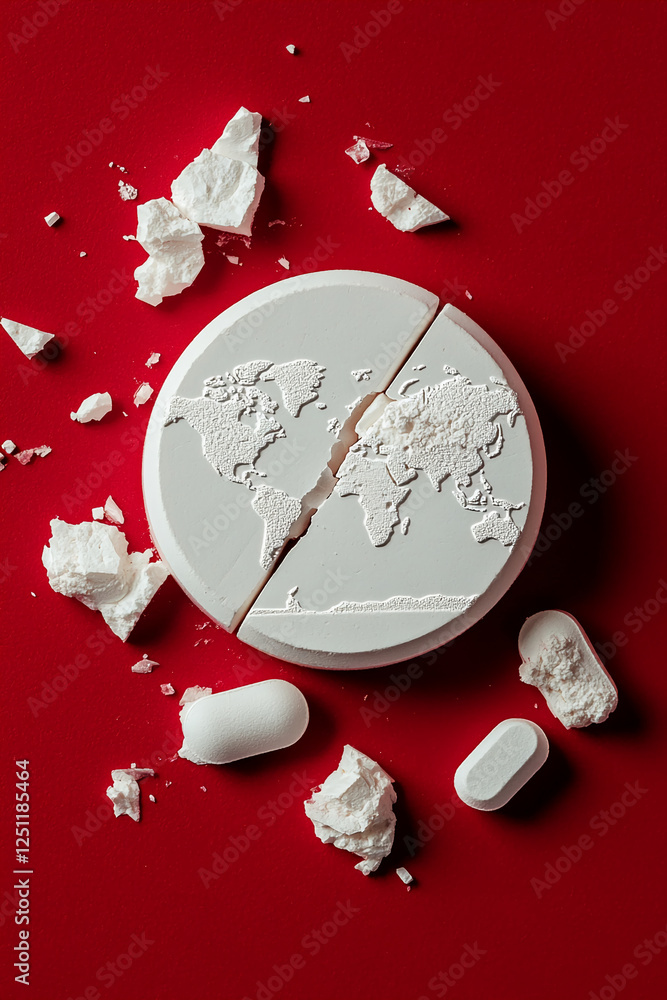 Poster a broken world map tablet on a red background, with fragments and powder scattered around it, symbol