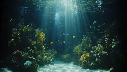 Obraz premium Serene underwater scene, sunbeams illuminating vibrant coral reef and diverse fish. Ideal for nature documentaries, travel brochures, or calming backgrounds.