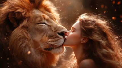 A mesmerizing image featuring a woman kissing a lion, illustrating an extraordinary expression of love and harmony between humans and wild animals in an intimate setting.