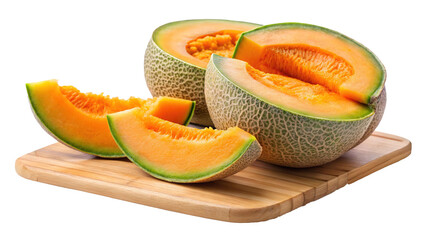 Sliced Cantaloupe Melon on Wooden Cutting Board - A cantaloupe melon cut into slices, with some pieces resting on a wooden cutting board, showcasing the vibrant orange flesh.
