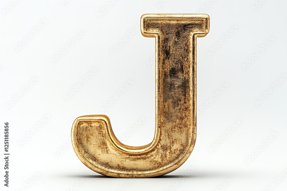 Poster isolated against a white backdrop is the three-dimensional letter j in a gold serif typeface. genera