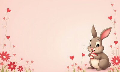 Charming Easter Bunny Holding Decorated Egg in Flower Field with Hearts