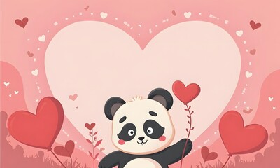 Obraz premium Cheerful Panda Celebrating Love with Heart Balloons in Pink Frame