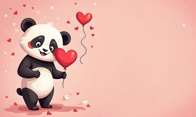 Naklejka premium Delighted Panda with Double Heart Balloons Among Stars and Hearts