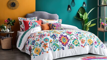 Neatly arranged cotton pillows and a soft comforter on a stylish bed.