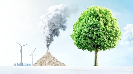 Conceptual illustration depicting environmental contrast between pollution and clean energy, with a smoking pile of waste, wind turbines, and a lush green tree