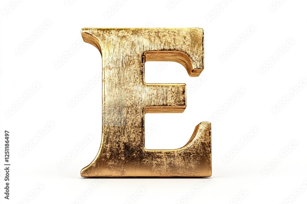 Fototapete The fresh brushed gold serif typeface used to create the 3D letter E is isolated on a white backdrop. Generative Ai