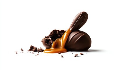 a broken chocolate bunny with caramel oozing out, delicious food photography, rich details, isolated on white background