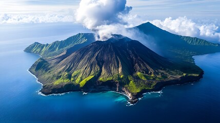 Aerial view of lush volcanic island, vibrant greenery and blue waters, showcasing natural beauty and serene landscape.