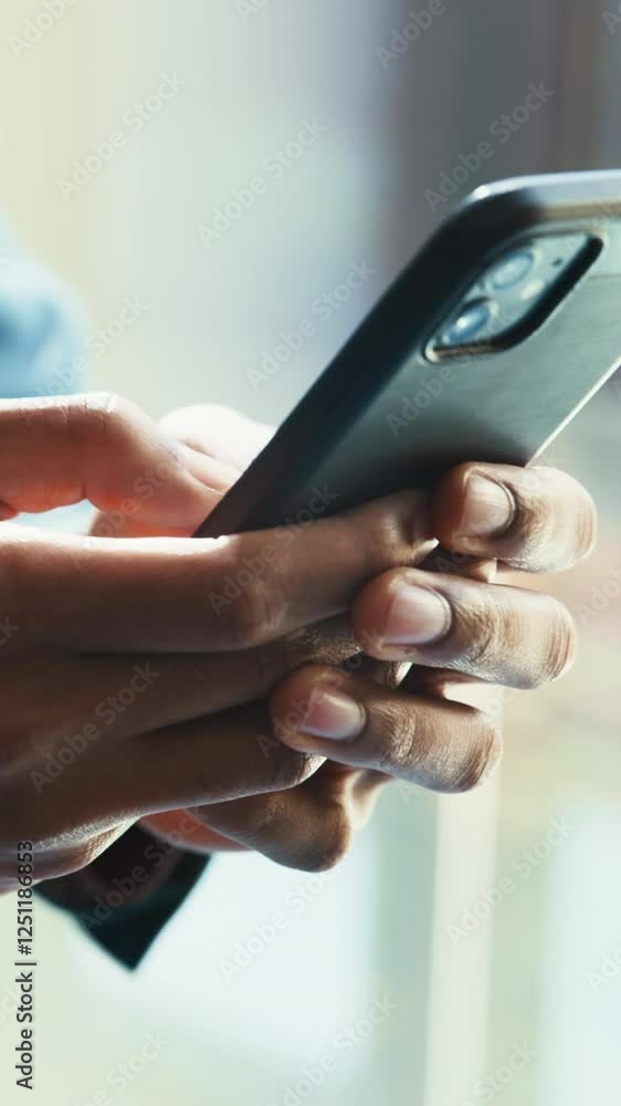Poster typing, phone and hands of business person in office for email response, connection and client feedb