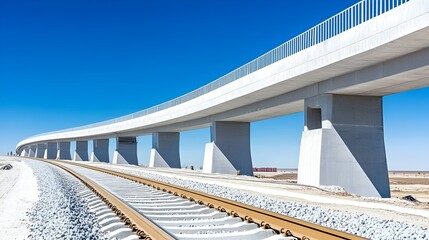 Fototapeta premium Modern railway track curving alongside an elevated bridge in a dry, open landscape under a clear blue sky, symbolizing transportation, infrastructure, and engineering progress