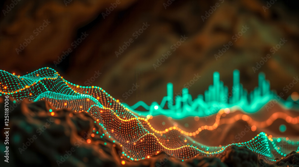 Poster a computer generated image of a mountain range with a city in the distance. the colors are bright an