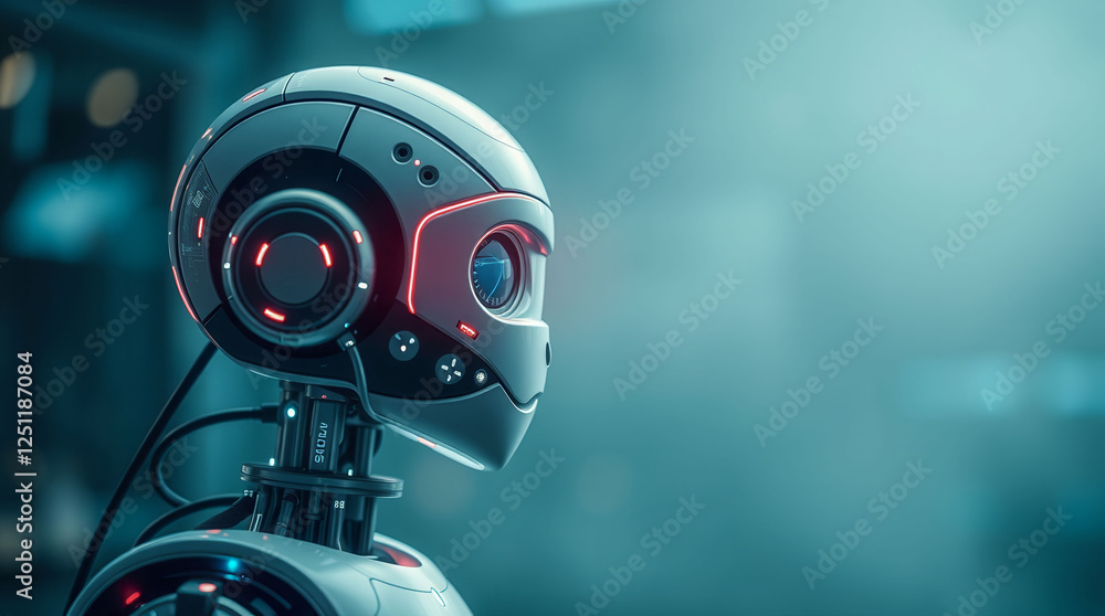 Poster a robot with a red face and red eyes stands in front of a blue background. the robot's face is lit u