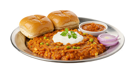 Plate of pav bhaji garnished with butter and served with fresh bread buns and sliced onions.