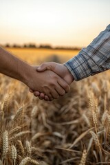 Two farmers shake hands in a field, symbolizing a partnership deal for crop growth, friendly agreement, and cooperation in agriculture, highlighting teamwork and positive relationships in rural areas.