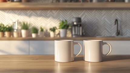Obraz premium Perfectly aligned ceramic coffee mugs in a modern kitchen setting.