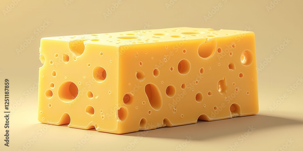 Poster a block of yellow cheese with holes in it. the cheese is cut into a square shape. the image has a wa