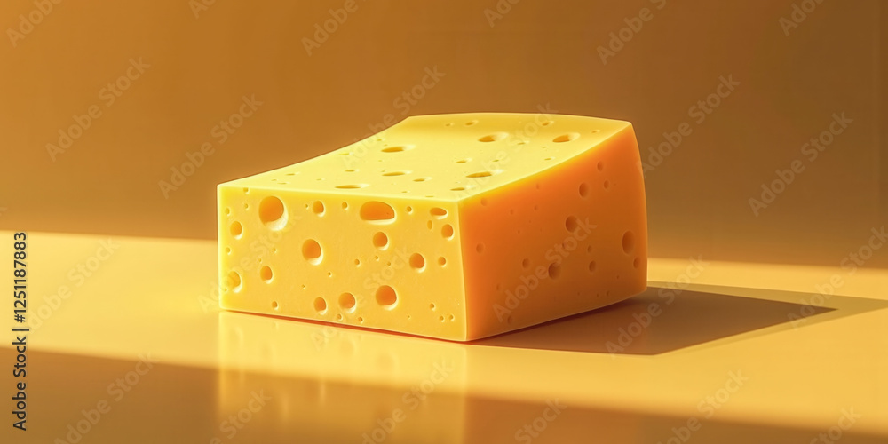Poster a yellow block of cheese is sitting on a table. the cheese is cut into a square shape and has a lot 