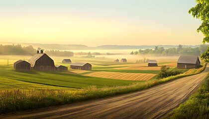 Obraz premium Serene Sunrise Over Misty Farmland With Rustic Barns