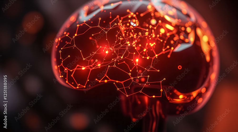 Poster a brain with a red glow and a lot of lines. the brain is surrounded by a black background