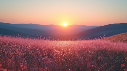 Obraz premium Pink mountain meadow sunrise with hazy valley background