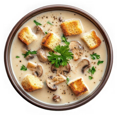 A bowl of cream of mushroom soup with parsley and croutons isolated on white background