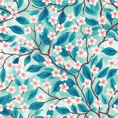 Seamless pattern, pattern, watercolor, delicate pattern with cherry blossoms, watercolor pattern with cherry blossom branches and emerald leaves on mint background, botanical style