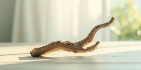 Fototapeta premium A branch is laying on a table. The branch is brown and has a few leaves on it