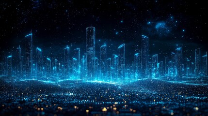 Futuristic city skyline at night, glowing structures, starry background, digital art, concept image, use for technology, sci-fi, urban