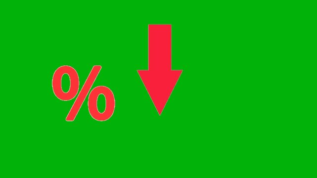 Animation of Percent icon and arrow moving downwards, Indicating a price decrease or decrease in revenue target. For finance