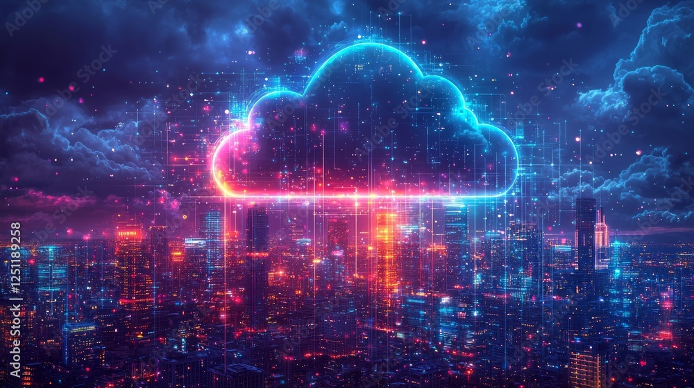 Poster futuristic cityscape with digital cloud, night view. possible use technology concept, cloud computin