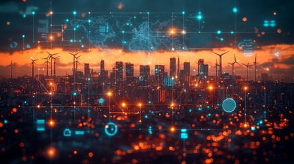 Obraz premium Futuristic city with wind turbines, digital network overlay. Possible stock photo use Sustainable energy concept