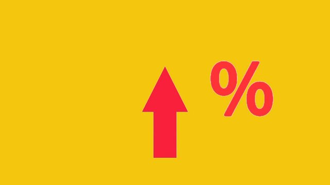 red arrow up with persent icon on yellow background. Animation background for business and finance content. 