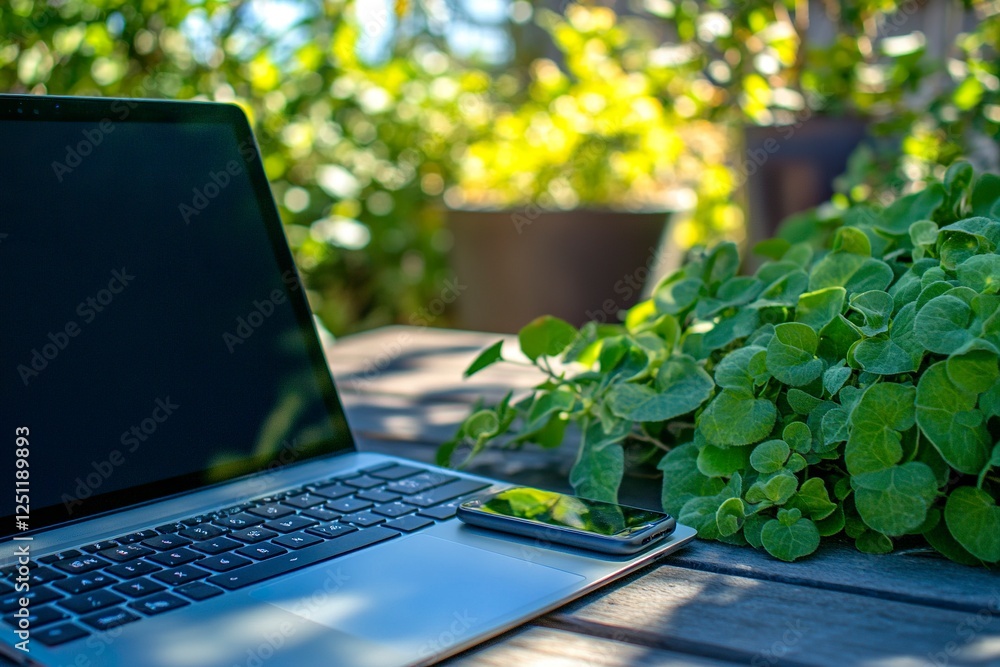 Poster a close-up of an open laptop with a blank screen on the table, next to it is a mobile phone, with a 