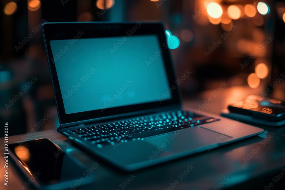 Poster a close-up of an open laptop with a blank screen on the table, next to it is a mobile phone, with a 