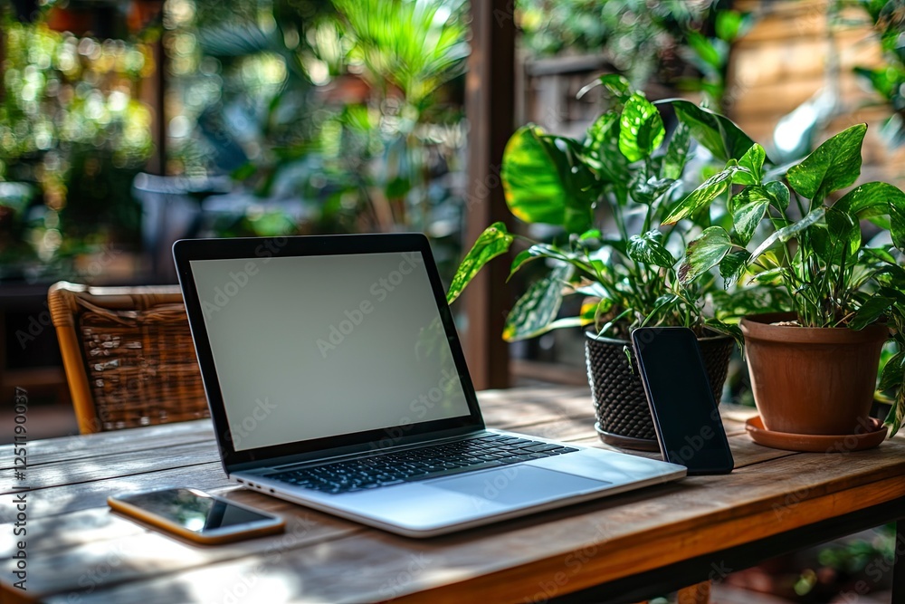 Poster a close-up of an open laptop with a blank screen on the table, next to it is a mobile phone, with a 