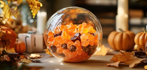 Transparent glass ball filled with orange candies and tiny chocolate pieces, surrounded by autumnal decor, seasonal vibe
