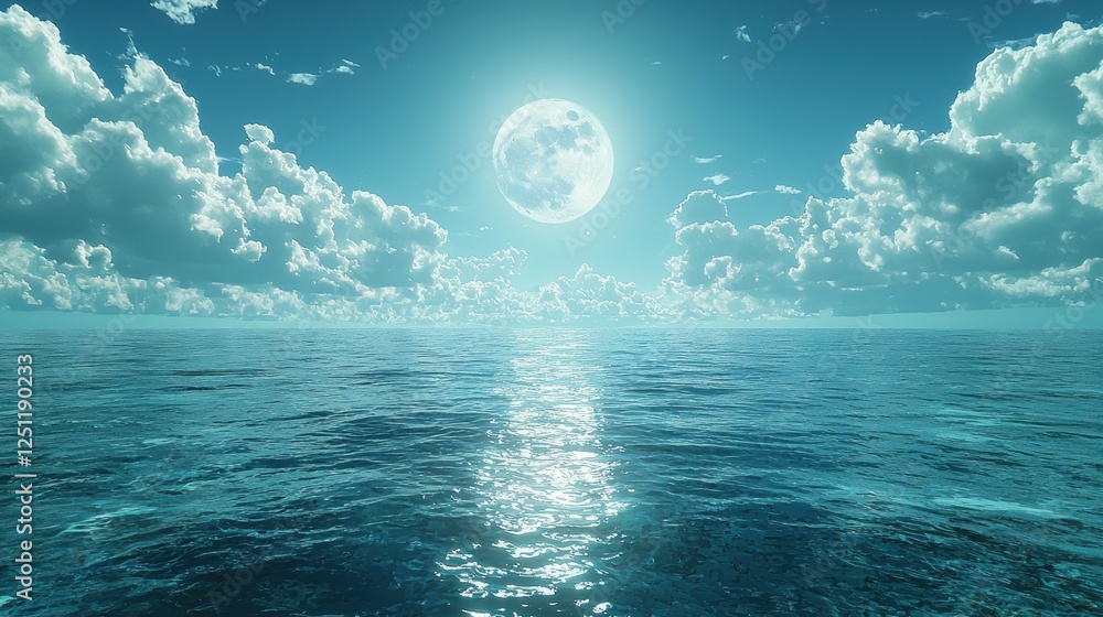 Poster a tranquil ocean scene illuminated by a bright moon and soft clouds.