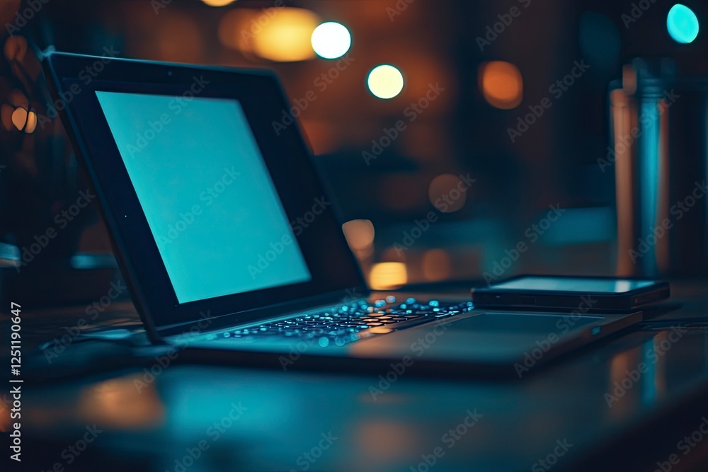 Poster a close-up of an open laptop with a blank screen on the table, next to it is a mobile phone, with a 