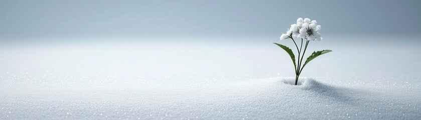 Obraz premium A delicate flower emerges from a blanket of snow, symbolizing resilience and beauty in a serene, wintry landscape.
