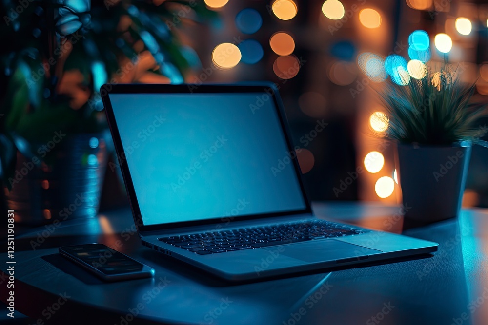 Poster a close-up of an open laptop with a blank screen on the table, next to it is a mobile phone, with a 