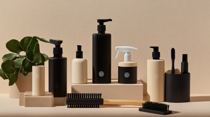 Fototapeta premium Stylish home cleaning kit with plant-based detergents and wooden brushes.