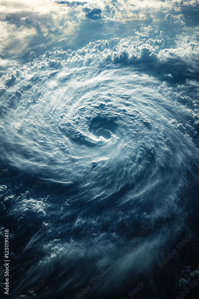 Poster aerial view of a massive hurricane forming in the ocean with swirling clouds and powerful winds, sho