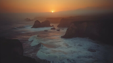 Dramatic sunset over a rugged coastline with crashing waves. Perfect for travel, nature, and ocean-themed projects.